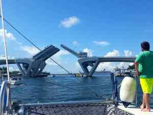 Crossing under the bridge on the catamaran