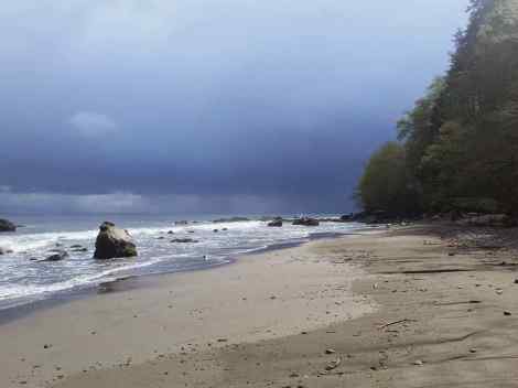 A storm in the distance off a Washington beach